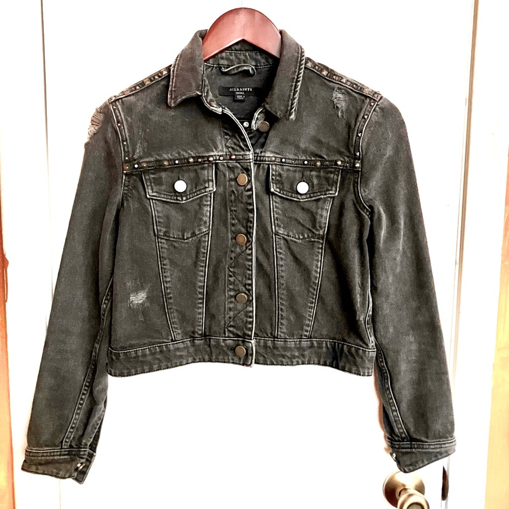 All Saints Super Studded Distressed Black / Gray Denim Jacket